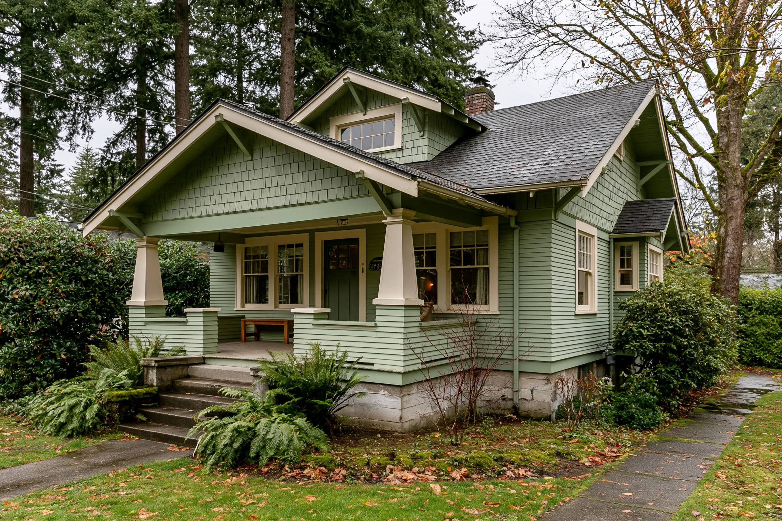 A Craftsman bungalow with a wide porch and tapered columns, a concrete foundation wall at its base and tall Douglas firs behind it