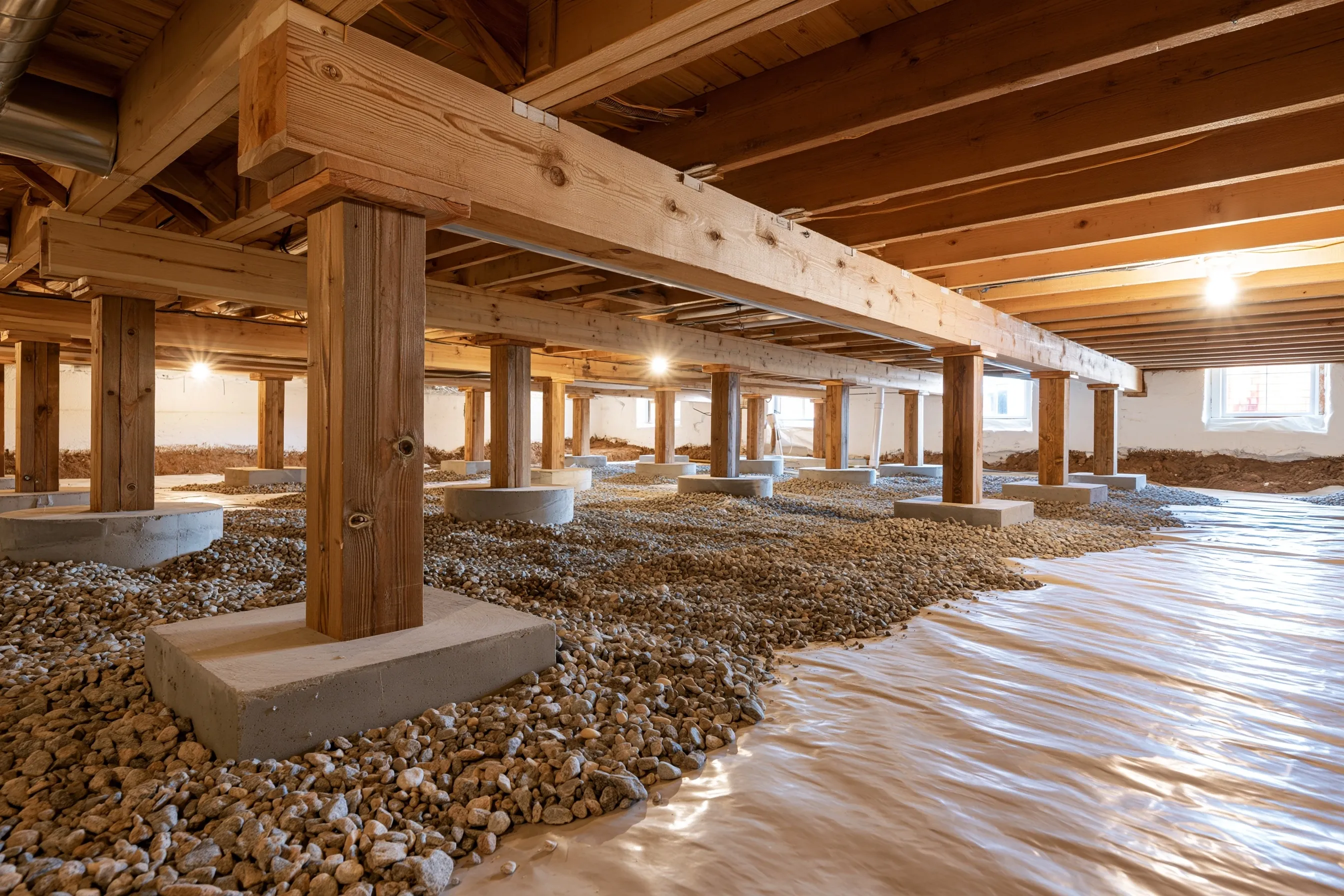 New pressure-treated posts on fresh concrete pads under a straight girder in a crawlspace