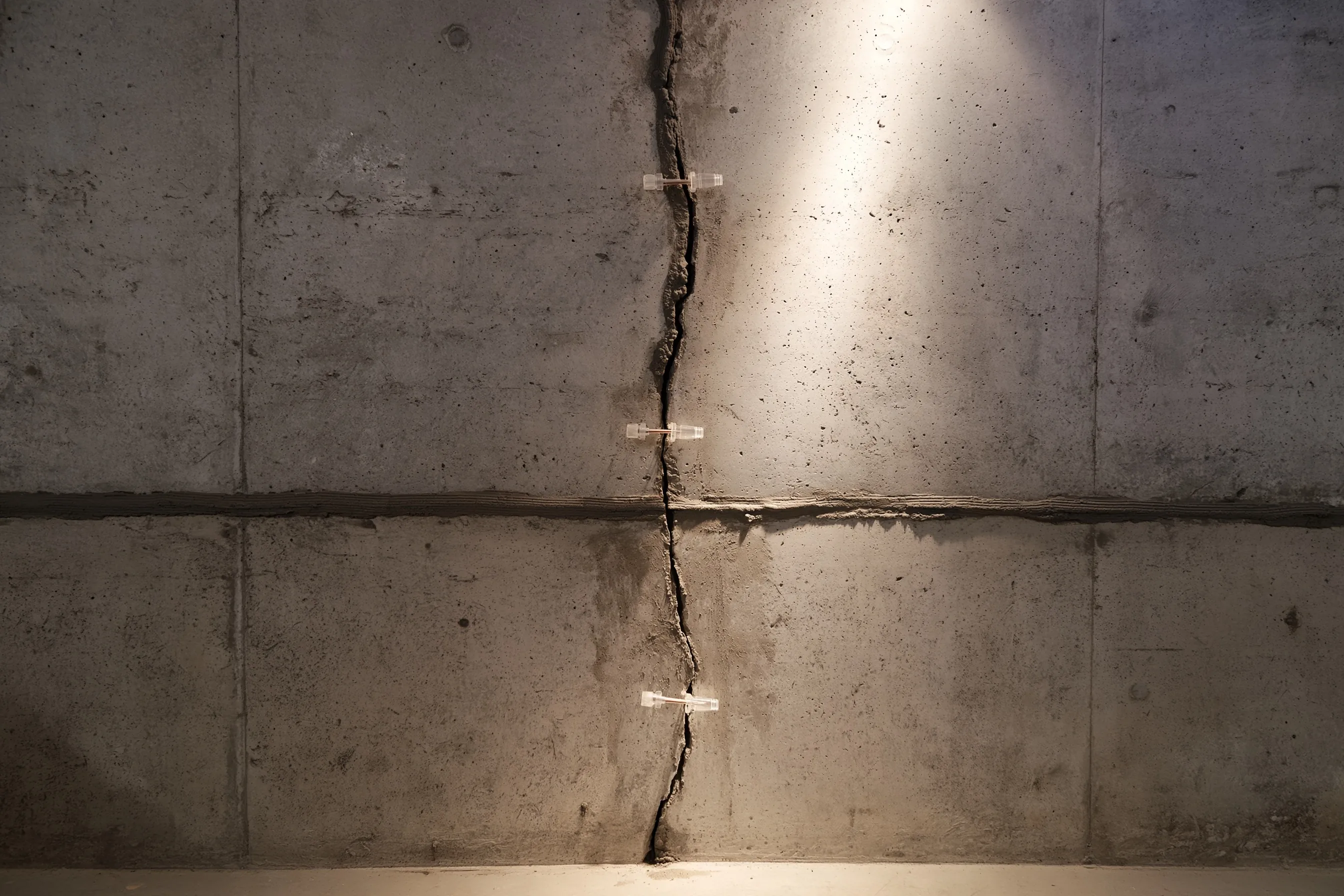 A vertical crack in a basement wall sealed with a surface bead and small plastic injection ports along it