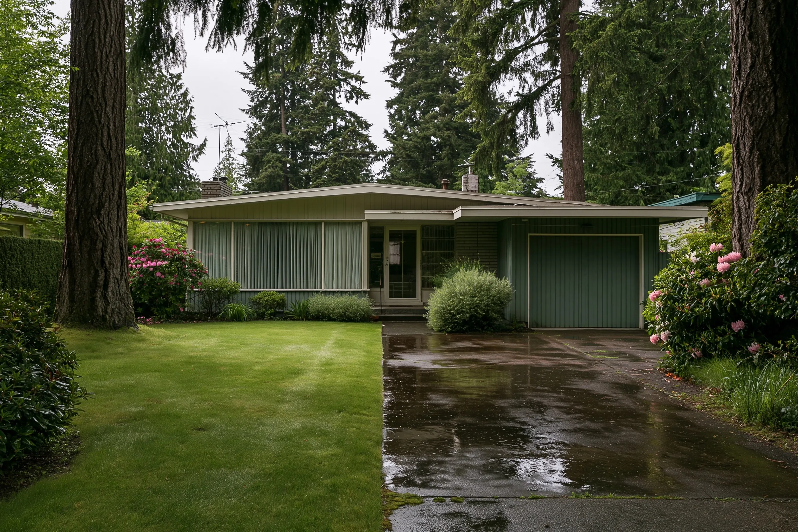 Front of a single-story house with a low roof, a long window with sheer curtains, a glass entry door, a closed green garage door, a wet driveway with puddles, a lawn, rhododendrons and tall firs