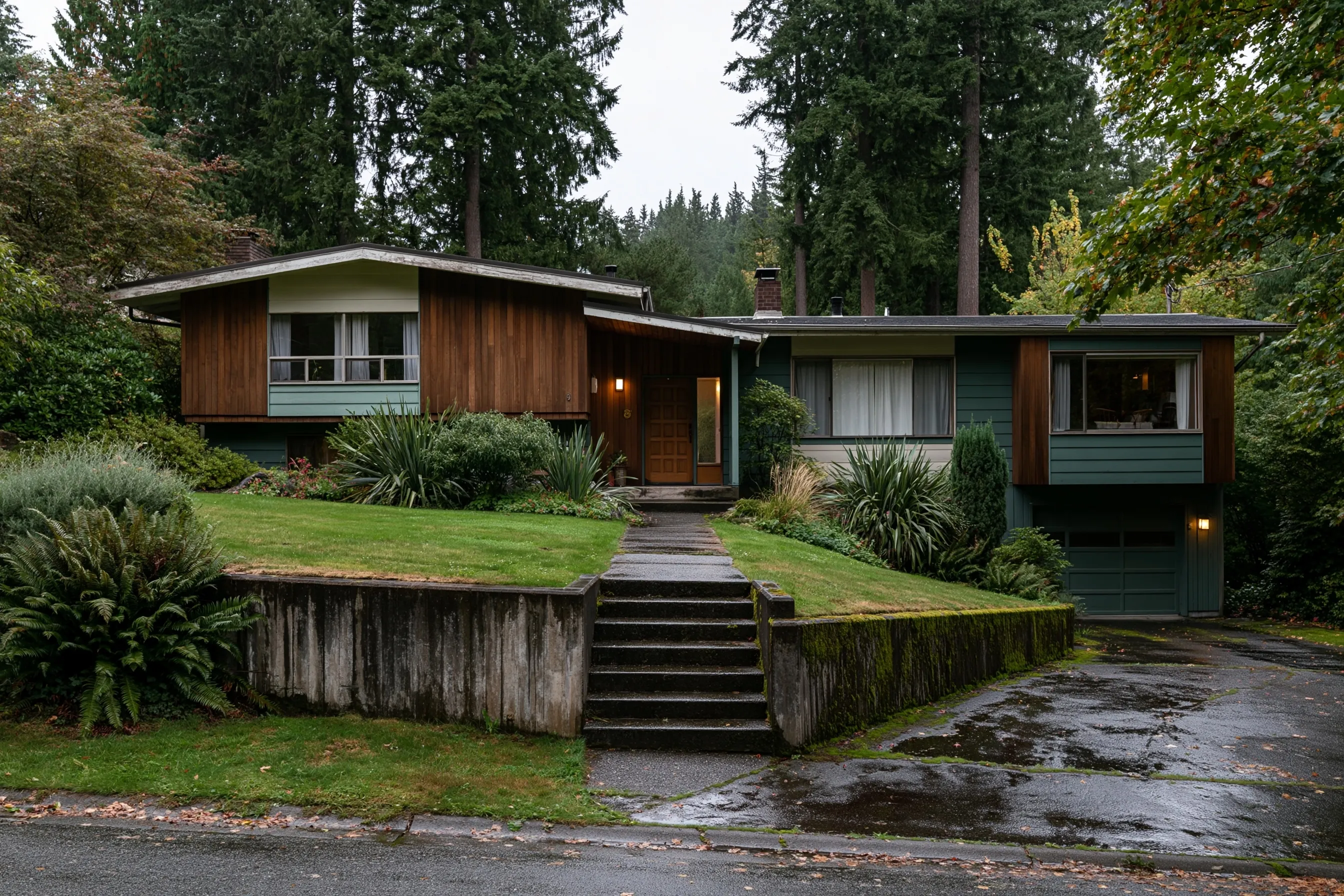 A split-level house on a sloped lot with low retaining walls beside the entry steps and tall firs behind