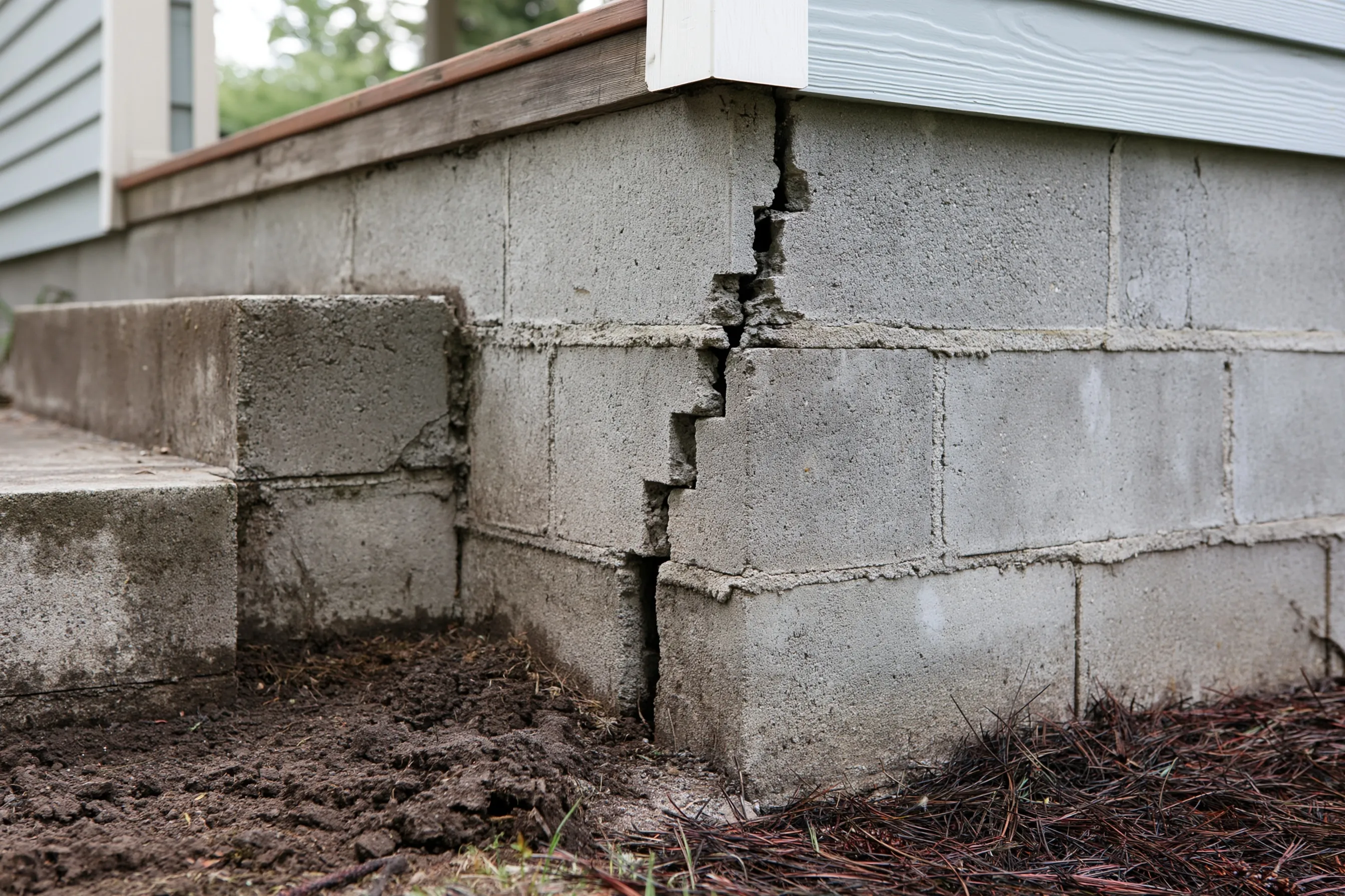 A stair-step crack through the mortar joints of a concrete block foundation wall at the corner of a house